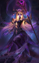 Rule 34 | 1girl, absurdres, bare shoulders, blonde hair, colored skin, dark cosmic lux, detached sleeves, dress, glowing, hair ornament, highres, holding, holding staff, league of legends, long hair, looking at viewer, lux (league of legends), magic, official alternate costume, purple dress, purple skin, shoes, signature, solo, space, staff, wang bu chou