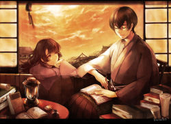 Rule 34 | 1boy, 1girl, architecture, bad id, bad pixiv id, black hair, book, brown hair, dusk, east asian architecture, closed eyes, hakama, hakama skirt, head on hand, head rest, japanese clothes, lantern, long hair, looking at another, onitobico, orange sky, original, scroll, short hair, signature, sitting, skirt, sky, smile, table, twilight, wind chime