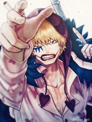 Rule 34 | 1boy, blonde hair, cigarette, clenched teeth, collared shirt, commentary request, donquixote rocinante, foreshortening, gun, heart, heart print, holding, holding gun, holding weapon, hood, looking at viewer, makeup, male focus, one piece, pink shirt, shirt, short hair, solo, teeth, toyoura (23066494), upper body, weapon