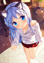 Rule 34 | 1girl, :d, animal ear fluff, animal ears, black hairband, blue eyes, blue hair, blurry, blurry background, blush, cat ears, cat tail, chinomaron, commentary request, depth of field, drawstring, fake animal ears, fang, gochuumon wa usagi desu ka?, hair ornament, hairband, hand up, highres, hood, hood down, hooded jacket, indoors, jacket, kafuu chino, long hair, long sleeves, looking at viewer, open mouth, paw pose, plaid, plaid skirt, pleated skirt, red skirt, skirt, sleeves past wrists, smile, solo, standing, standing on one leg, tail, very long hair, white jacket, wooden floor, x hair ornament