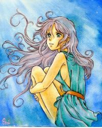 Rule 34 | 1girl, arm support, bare shoulders, blue hair, blue theme, breasts, curly hair, emi (green wave), female focus, gradient background, green eyes, hugging own legs, long hair, original, painting (medium), sitting, solo, traditional media, very long hair, watercolor (medium)