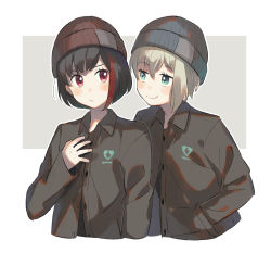 Rule 34 | 2girls, aoba moca, aqua eyes, bang dream!, beanie, black hair, black jacket, blue hat, blush, bob cut, collared jacket, frown, grey background, grey hair, hand in pocket, hand on own chest, hat, jacket, looking at another, mitake ran, multicolored hair, multiple girls, outline, red eyes, red hair, red hat, short hair, smile, streaked hair, unapoppo, upper body, white outline