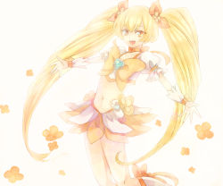Rule 34 | 10s, 1girl, blonde hair, bow, brooch, cure sunshine, flower, hair ribbon, heart, heart brooch, heartcatch precure!, jewelry, long hair, maco (munya), magical girl, midriff, myoudouin itsuki, navel, open mouth, orange bow, orange skirt, precure, ribbon, skirt, solo, twintails, white background, wrist cuffs, yellow bow, yellow eyes, yellow theme