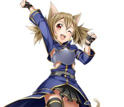 Rule 34 | 1girl, ;d, animal ears, arm up, armor, black skirt, black thighhighs, breastplate, brown hair, cat ears, cat tail, from below, hair between eyes, long hair, miniskirt, one eye closed, open mouth, pleated skirt, red eyes, short twintails, silica, silica (sao-alo), skirt, smile, solo, standing, sword art online, tail, thighhighs, transparent background, twintails, zettai ryouiki
