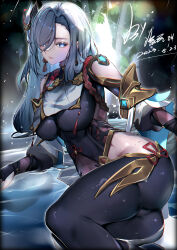 Rule 34 | 1girl, absurdres, artist name, black bodysuit, black border, blue eyes, bodysuit, border, breast curtain, breasts, clothing cutout, commentary, covered navel, dated, earrings, genshin impact, grey hair, hair over one eye, highres, hip vent, jewelry, large breasts, liuyun baihua, long hair, looking at viewer, parted lips, shenhe (genshin impact), shoulder cutout, solo, tassel, tassel earrings, wet