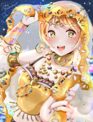 Rule 34 | 1girl, arabian clothes, artist name, artist request, bare shoulders, blue sky, breasts, choker, close-up, cloud, collarbone, crescent, crescent earrings, dancer, earrings, female focus, gold choker, green eyes, hair between eyes, highres, holding, holding veil, hoshizora rin, jewelry, looking at viewer, love live!, love live! school idol festival, love live! school idol project, nail, nail polish, night, night sky, orange hair, outdoors, parted lips, pink nails, pink nails, short hair, sky, small breasts, smile, solo, star (sky), teeth, upper body, veil, white veil, yellow eyes