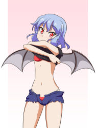 Rule 34 | 1girl, bat wings, bikini, bikini under clothes, black shirt, blue hair, cato (monocatienus), clothes lift, commentary request, cowboy shot, gradient background, lifting own clothes, looking at viewer, navel, pink background, red bikini, red eyes, remilia scarlet, shirt, shirt lift, short hair, short shorts, shorts, simple background, solo, stomach, swimsuit, touhou, undressing, wings