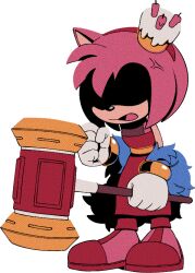 Rule 34 | 1girl, amy rose, anger vein, angry, animal ears, animal nose, arm at side, bare shoulders, bob cut, body fur, cake, candle, clenched hands, digimin, dress, ear covers, feather boa, female focus, flat chest, food, food on head, full body, furry, furry female, gloves, hairband, hammer, hand up, holding, holding hammer, holding weapon, long dress, non-web source, object on head, official art, open mouth, toy hammer, pink fur, pink hair, red dress, red footwear, red hairband, sash, shaded face, shoes, short hair, sidelocks, sideways mouth, simple background, single ear cover, sleeveless, sleeveless dress, solo, sonic (series), standing, the murder of sonic the hedgehog, transparent background, weapon, white gloves