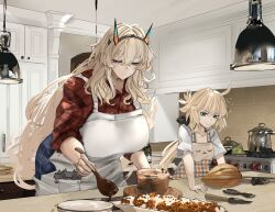 Rule 34 | 2girls, absurdres, ahoge, artoria caster (fate), artoria pendragon (fate), barghest (fate), blonde hair, breasts, cooking, fate/grand order, fate (series), food, green eyes, highres, huge breasts, long hair, multiple girls, obazzotto, small breasts, twintails