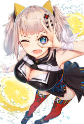 Rule 34 | 1girl, animal ears, bare shoulders, blue eyes, blush, breasts, cleavage, commentary request, dress, fake animal ears, fang, food, fruit, full body, hair ornament, hairclip, hand gesture, hand up, kaguya luna, large breasts, legs apart, lemon, looking at viewer, medium hair, obi, one eye closed, open mouth, pyz (cath x tech), red sash, red thighhighs, sash, shoes, silver hair, sleeveless, sleeveless dress, solo, standing, teeth, the moon studio, thighhighs, twintails, virtual youtuber, water drop, x hair ornament