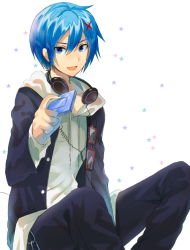 Rule 34 | 1boy, bad id, bad pixiv id, blue eyes, blue hair, cable, digital media player, glasses, hair ornament, hairclip, hayama eishi, headphones, headphones around neck, kaito (vocaloid), looking at viewer, male focus, matching hair/eyes, md5 mismatch, project diva (series), project diva f, short hair, sitting, smile, solo, vocaloid