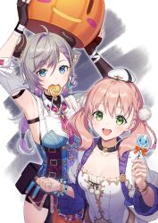 Rule 34 | 2girls, :d, absurdres, ahoge, armpits, atelier (series), atelier escha &amp; logy, atelier resleriana, bag, bead bracelet, beads, belt, black shorts, blue coat, blue eyes, blush, bracelet, braid, breasts, broken horn, candy, choker, cleavage, clothing cutout, coat, collarbone, commentary request, cotton ball, demon horns, dress, eating, escha malier, food, gloves, green eyes, hair between eyes, halloween, halloween bucket, hat, highres, holding, holding candy, holding food, holding lollipop, horns, jewelry, lollipop, long sleeves, looking at viewer, medium breasts, multicolored hair, multiple belts, multiple girls, open mouth, pink hair, promotional art, purple hair, short hair, shorts, sideboob, simple background, small breasts, smile, sparkle, star (symbol), swirl lollipop, tokki, twintails, two-tone hair, valeria (atelier), vial, white background, white dress, white hair