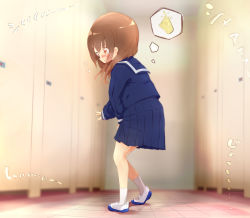 Rule 34 | 1girl, 22m, bathroom, between legs, blue footwear, blue sailor collar, blue shirt, blue skirt, blush, brown eyes, brown hair, door, embarrassed, female focus, from side, full body, hand between legs, have to pee, heel up, highres, indoors, japanese text, long hair, long sleeves, matching hair/eyes, miniskirt, nose blush, open mouth, original, peeing, peeing self, pleated skirt, sailor collar, school uniform, serafuku, shirt, shoes, sideways mouth, skirt, socks, solo, standing, talking, tears, thought bubble, translation request, urine meter, wavy mouth, white socks, wide-eyed