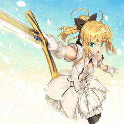 Rule 34 | 1girl, ahoge, artoria pendragon (all), artoria pendragon (fate), black bow, black pantyhose, blonde hair, bow, breasts, caliburn (fate), cleavage, clothing cutout, commentary, dress, fate/unlimited codes, fate (series), foreshortening, frown, gloves, green eyes, hair bow, highres, holding, holding sword, holding weapon, ikezawa shin, looking at viewer, medium breasts, medium dress, medium hair, motion blur, open mouth, pantyhose, petals, ponytail, saber lily, short sleeves, shoulder cutout, solo, standing, sword, v-shaped eyebrows, weapon, white dress, white gloves
