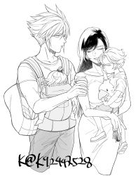 Rule 34 | 2boys, 2girls, baby, bag, carrying, carrying person, child, chocobo, cloud strife, collarbone, couple, doll, dress, father and daughter, final fantasy, final fantasy vii, greyscale, hair ribbon, highres, holding, holding baby, holding doll, long hair, monochrome, mother and child, mother and son, mugikoma, multiple boys, multiple girls, ribbon, shirt, sleeping, spiked hair, t-shirt, tifa lockhart, twitter username, white background