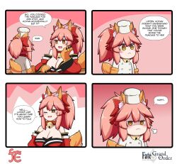 Rule 34 | 2girls, 4koma, puff of air, animal ear fluff, animal ears, animal hands, bare shoulders, bell, blush, breasts, cat paws, chef, chef hat, cleavage, collar, collarbone, comic, detached sleeves, english text, fang, fate/grand order, fate (series), fox ears, fox girl, fox tail, gloves, hair ribbon, hat, highres, japanese clothes, jingle bell, keita naruzawa, kimono, large breasts, mini person, minigirl, multiple girls, neck bell, one eye closed, open mouth, paw gloves, pink hair, ponytail, red kimono, red ribbon, ribbon, speech bubble, square 4koma, tail, tamamo (fate), tamamo cat (fate), tamamo cat (first ascension) (fate), yellow eyes