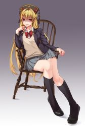 Rule 34 | 1girl, absurdres, alternate costume, amagi (amagi626), black footwear, black socks, blazer, blonde hair, bow, bowtie, chair, commentary request, contemporary, crescent, gradient background, grey skirt, hat, highres, jacket, junko (touhou), kneehighs, long hair, miniskirt, paid reward available, pleated skirt, red bow, red bowtie, red eyes, school uniform, shaded face, shoes, sitting, skirt, socks, solo, sweater, tassel, touhou, uniform, v-neck, very long hair, yandere