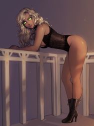 Rule 34 | 1girl, absurdres, against railing, ass, bad id, bad tumblr id, bare arms, bare legs, bare shoulders, bent over, black footwear, black leotard, blonde hair, blood elf (warcraft), boots, breasts, cleavage, closed mouth, colored sclera, commentary, commission, dark-skinned female, dark skin, full body, green eyes, green sclera, high heel boots, high heels, highres, leaning forward, leotard, long eyebrows, long hair, looking at viewer, matilda fiship, medium breasts, no pupils, pink lips, pointy ears, purple background, railing, signature, simple background, smile, solo, standing, warcraft, world of warcraft