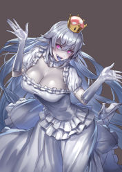 Rule 34 | 1girl, breasts, cleavage, colored tongue, commentary request, crown, cuboon, detached collar, dress, elbow gloves, frilled dress, frilled gloves, frills, ghost pose, gloves, grey background, hair between eyes, hands up, high heels, large breasts, long tongue, looking at viewer, luigi&#039;s mansion, mario (series), mini crown, new super mario bros. u deluxe, nintendo, pink eyes, princess king boo, puffy short sleeves, puffy sleeves, purple tongue, sharp teeth, short sleeves, solo, super crown, teeth, tongue, tongue out, white dress, white gloves, white hair