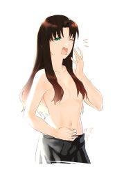 Rule 34 | 1girl, ;o, absurdres, breasts, brown hair, cleavage, fate/stay night, fate (series), green eyes, highres, long hair, looking at viewer, mitsurugi sugar, navel, one eye closed, scratching, simple background, skirt, small breasts, solo, tears, tohsaka rin, topless, white background, yawning