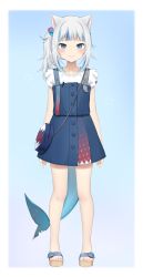 Rule 34 | 1girl, absurdres, amashiro natsuki, animal ears, bag, blue background, blue dress, blue eyes, blue hair, blue nails, brown footwear, cat ears, closed mouth, collarbone, commentary request, cube hair ornament, dress, eyebrows hidden by hair, fins, fish tail, full body, gawr gura, gawr gura (casual), grey hair, hair ornament, highres, hololive, hololive english, long hair, looking at viewer, multicolored hair, nail polish, official alternate costume, official art, sandals, shark tail, shirt, shoulder bag, side ponytail, sleeveless, sleeveless dress, sleeveless shirt, smile, solo, standing, star (symbol), streaked hair, tail, toenail polish, toenails, virtual youtuber, white shirt