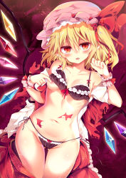 Rule 34 | 1girl, bare shoulders, black bra, black panties, blonde hair, blush, bow, bra, breasts, clenched hand, clothes pull, collarbone, commentary request, cowboy shot, crystal, fangs, flandre scarlet, frilled bra, frills, gluteal fold, groin, hair between eyes, hair bow, hand up, hat, hat ribbon, head tilt, highres, jewelry, lace, lace-trimmed hat, lace trim, maturiuta sorato, nail polish, navel, off shoulder, one side up, open clothes, open shirt, panties, parted lips, petticoat, pink hat, pink nails, pointy ears, red background, red bow, red eyes, red ribbon, ribbon, ring, shiny skin, shirt, short hair, short sleeves, side-tie panties, simple background, skirt, skirt pull, small breasts, smile, solo, stomach, thighs, torn clothes, torn vest, touhou, underwear, white shirt, wings, wrist cuffs
