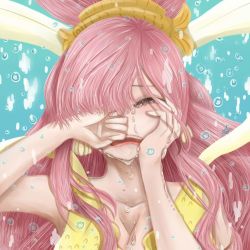 Rule 34 | 1girl, breasts, cleavage, crying, closed eyes, lips, long hair, one piece, open mouth, pink hair, ponytail, shirahoshi, solo
