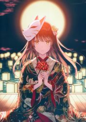 1girl, absurdres, bangs, bouquet, brown hair, eyebrows visible through hair, floating hair, floral print, flower, fox mask, hair flaps, highres, hiten (hitenkei), holding, holding bouquet, japanese clothes, kimono, lantern, long hair, looking at viewer, mask, night, original, parted lips, sitting, wide sleeves, yellow eyes
