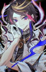 Rule 34 | 1boy, absurdres, black hair, blonde hair, commentary request, earrings, highres, jewelry, looking at viewer, male focus, multicolored eyes, multicolored hair, nijisanji, nijisanji en, pink eyes, pink hair, purple eyes, purple hair, shirt, shiun (siun 5513), shu yamino, shu yamino (1st costume), smile, solo, streaked hair, upper body, virtual youtuber