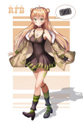 Rule 34 | 1girl, absurdres, ahoge, bare shoulders, black choker, black dress, black footwear, black gloves, blush, breasts, brown hair, camouflage, camouflage jacket, choker, cleavage, collarbone, commentary request, dog tags, double bun, dress, fingerless gloves, fur trim, girls&#039; frontline, gloves, green eyes, hair between eyes, hair bun, haneiro, highres, jacket, jewelry, kneehighs, long hair, looking at viewer, necklace, nintendo switch, off-shoulder jacket, off shoulder, rfb (girls&#039; frontline), shoes, short dress, single glove, sleeveless, smile, socks, solo, striped clothes, striped socks, tongue, tongue out, vertical-striped clothes, vertical-striped socks