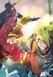 Rule 34 | 2boys, achilles (fate), armor, blood, blood on face, blood on clothes, brown hair, cape, fate/grand order, fate (series), green hair, grin, hector (fate), male focus, manly, multiple boys, over shoulder, polearm, smile, spear, tsuezu, weapon, weapon over shoulder