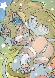 Rule 34 | 1girl, animal ears, animal hands, ass, blonde hair, blue eyes, breasts, cat ears, cat tail, cleavage, cosplay, e-kaki, felicia (vampire), felicia (vampire) (cosplay), highres, large breasts, mask, medium breasts, rainbow mika, solo, street fighter, tail, underboob, vampire (game), white fur