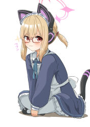 Rule 34 | 1girl, :3, animal ear headphones, animal ears, bespectacled, black footwear, blonde hair, blue archive, blush, cat ear headphones, commentary request, fake animal ears, glasses, halo, headphones, highres, indian style, leafy (kitsuneya), looking at viewer, maid, momoi (blue archive), momoi (maid) (blue archive), official alternate costume, pink halo, red-framed eyewear, red eyes, simple background, sitting, smile, solo, tail, white background
