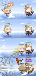 Rule 34 | &gt; &lt;, 2girls, :t, abercrombie (azur lane), anchor, anger vein, azur lane, black legwear, blonde hair, chibi, closed mouth, comic, commentary request, day, hair between eyes, hair ornament, hairclip, health bar, highres, hood (azur lane), in the face, long hair, long sleeves, multiple girls, p ion, pout, silent comic, smile, standing