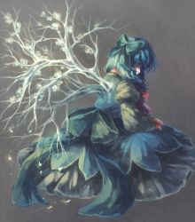 Rule 34 | 1girl, alternate wings, blue hair, bow, branch, cirno, dress, closed eyes, hair bow, ice, ice wings, koto inari, ribbon, short hair, solo, touhou, wings