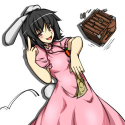 Rule 34 | 1girl, animal ears, black hair, box, brown eyes, carrot, carrot necklace, coin, donation box, dress, female focus, inaba tewi, jewelry, middle finger, money, necklace, ototobe, pendant, pink dress, rabbit ears, rabbit girl, rabbit tail, short hair, solo, tail, touhou