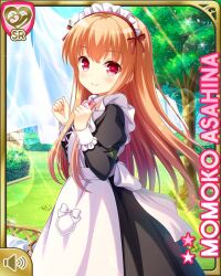 Rule 34 | 1girl, apron, asahina momoko, black dress, bow, brown hair, card (medium), character name, closed mouth, day, dress, girlfriend (kari), hair bow, hair ribbon, laundry, maid apron, maid headdress, official art, one side up, outdoors, pink bow, qp:flapper, red bow, red eyes, ribbon, side ponytail, smile, solo, white apron, white bow, white headwear