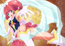 Rule 34 | 10s, 1girl, :d, blue eyes, boots, brooch, character name, cure mirage, dengeki gx, earrings, elbow gloves, full body, gloves, happinesscharge precure!, heart, heart brooch, jewelry, knee boots, magical girl, open mouth, pink hair, pink skirt, precure, queen mirage, short hair, skirt, smile, solo, spoilers, white footwear, white gloves