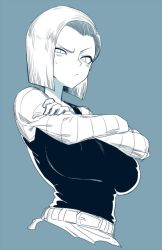 Rule 34 | 1girl, android 18, belt, blue background, breasts, crossed arms, dragon ball, dragonball z, female focus, greyscale, large breasts, looking at viewer, monochrome, puffy areolae, shirt, short hair, simple background, solo, spacezin, sweatdrop, upper body