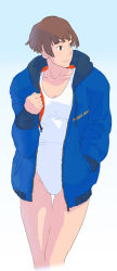 Rule 34 | 1girl, blue hoodie, blue jacket, bob cut, breasts, brown eyes, brown hair, closed mouth, commentary request, cowboy shot, gake no ue no ponyo, highres, hood, hooded jacket, hoodie, jacket, light smile, lisa (ponyo), long sleeves, looking away, one-piece swimsuit, open clothes, open jacket, short hair, simple background, small breasts, smile, solo, standing, studio ghibli, swimsuit, tombiiwa, white one-piece swimsuit