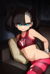 Rule 34 | 1girl, absurdres, asymmetrical bangs, black hair, blue eyes, blurry, bound, bound wrists, breasts, bright pupils, closed mouth, collarbone, commentary request, couch, creatures (company), cushion, earrings, female focus, game freak, highres, indoors, jewelry, kellila93, leaning, leggings, leggings pull, looking at viewer, marnie (pokemon), nintendo, pokemon, pokemon swsh, short hair, solo, sports bra, torn clothes, torn legwear, twintails