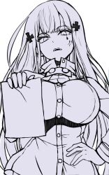 Rule 34 | 1girl, anger vein, angry, breasts, from below, girls&#039; frontline, hair ornament, hand on own hip, highres, hk416 (girls&#039; frontline), holding, holding paper, jacket, large breasts, long hair, long sleeves, monochrome, open mouth, paper, solo, white background, yu 416416