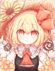 Rule 34 | 1girl, ascot, blonde hair, closed mouth, commentary request, flower, hair ribbon, highres, long sleeves, looking at viewer, red ascot, red eyes, red ribbon, ribbon, ro.ro, rumia, short hair, smile, solo, touhou, upper body, yellow flower