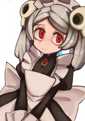 Rule 34 | 1girl, bloody marie (skullgirls), boots, bow, grey hair, hair ornament, highres, juliet sleeves, long sleeves, looking at viewer, looking up, maid headdress, puffy sleeves, raphusovo, red eyes, skull hair ornament, skullgirls, smile, solo, white background