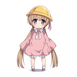 Rule 34 | 1girl, absurdres, bloomers, brown hair, child, dress, full body, hat, highres, kindergarten uniform, long hair, low twintails, mary janes, open mouth, pink dress, pink eyes, pink footwear, ribbon, school hat, shoes, short dress, simple background, sleeves past wrists, socks, solo, tamase tama, tsukuyomi ai, twintails, underwear, very long hair, voiceroid, white background, white footwear, yellow hat