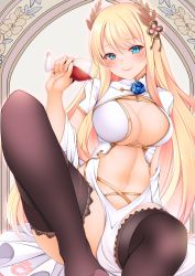 Rule 34 | 1girl, absurdres, alcohol, arm support, azur lane, black thighhighs, blonde hair, blue eyes, blue flower, blue rose, blush, breasts, center opening, china dress, chinese clothes, cleavage, closed mouth, clothing cutout, commentary request, cup, dress, drinking glass, flower, full body, hair between eyes, highres, holding, holding cup, knee up, large breasts, laurel crown, long hair, looking at viewer, navel, navel cutout, official alternate costume, origami aya, pelvic curtain, pouring, pouring onto self, rose, shawl, short sleeves, sidelocks, signature, sitting, smile, solo, thighhighs, very long hair, victorious (azur lane), victorious (guidance of the spring goddess) (azur lane), white dress, white shawl, wine, wine glass