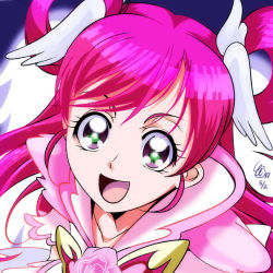 Rule 34 | 1girl, :d, collarbone, cure dream, long hair, looking at viewer, open mouth, pink hair, portrait, precure, red eyes, shining dream, signature, smile, solo, tomo5656ky, yes! precure 5, yumehara nozomi
