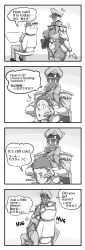 Rule 34 | 1boy, 1girl, 4koma, baneroku, between breasts, boots, breast smother, breasts, character request, comic, commentary request, copyright request, english text, epaulettes, face to breasts, girl on top, greyscale, hard-translated, hat, head between breasts, hetero, highres, holographic interface, holographic monitor, hug, huge breasts, military, military uniform, monochrome, no mouth, peaked cap, sexually suggestive, speech bubble, straddling, thick thighs, thigh boots, thighhighs, thighs, third-party edit, uniform, upright straddle
