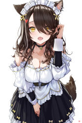 Rule 34 | 1girl, absurdres, adjusting hair, alternate costume, animal ears, bare shoulders, black choker, black skirt, breasts, brown eyes, brown hair, choker, cleavage, collarbone, commentary request, detached sleeves, enmaided, fang, glasses, hair ornament, hair over one eye, hairclip, hand up, hat, heart, heart hair ornament, highres, large breasts, leaning forward, light up, long hair, long sleeves, looking at viewer, maid, maid headdress, open mouth, simple background, skin fang, skirt, smile, solo, sweater, tail, takenoko no you, virtual youtuber, white background, wolf ears, wolf girl, wolf tail, yuzuki uru