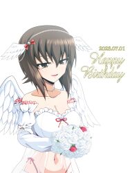 Rule 34 | 1girl, absurdres, angel wings, babydoll, bare shoulders, birthday, bouquet, breasts, brown eyes, brown hair, cleavage, commentary, cursive, dated, detached sleeves, english text, feathered wings, flower, frilled sleeves, frills, girls und panzer, girls und panzer senshadou daisakusen!, hair ornament, half-closed eyes, happy birthday, head wings, highleg, highleg panties, highres, holding, holding bouquet, jewelry, kamishima kanon, lingerie, medium breasts, navel, necklace, nishizumi maho, open mouth, panties, pearl necklace, see-through, short hair, side-tie panties, simple background, solo, standing, strapless, string panties, underwear, white background, white sleeves, white wings, wings